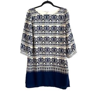 PINK OWL Navy Cream Print Pattern Preppy Shift Dress - Sz Medium